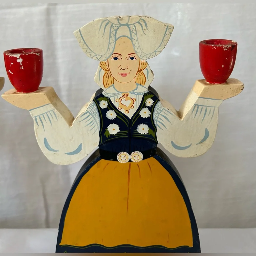 Vintage 1980's IKEA Lizzy Velander Swedish Folk Art Wooden Candle Holders
